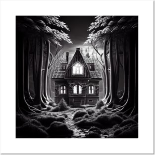 Scary house standing alone in dark forest Posters and Art